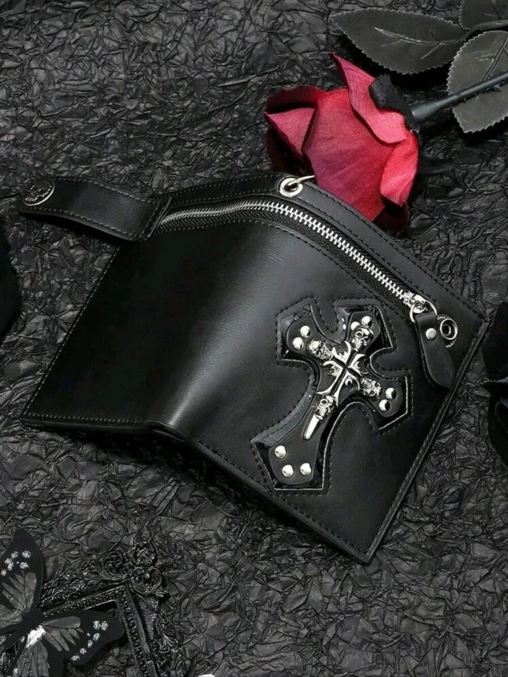 Men's Bifold Wallet, 1Pc New Retro Punk Style Black Skull & Cross Pattern